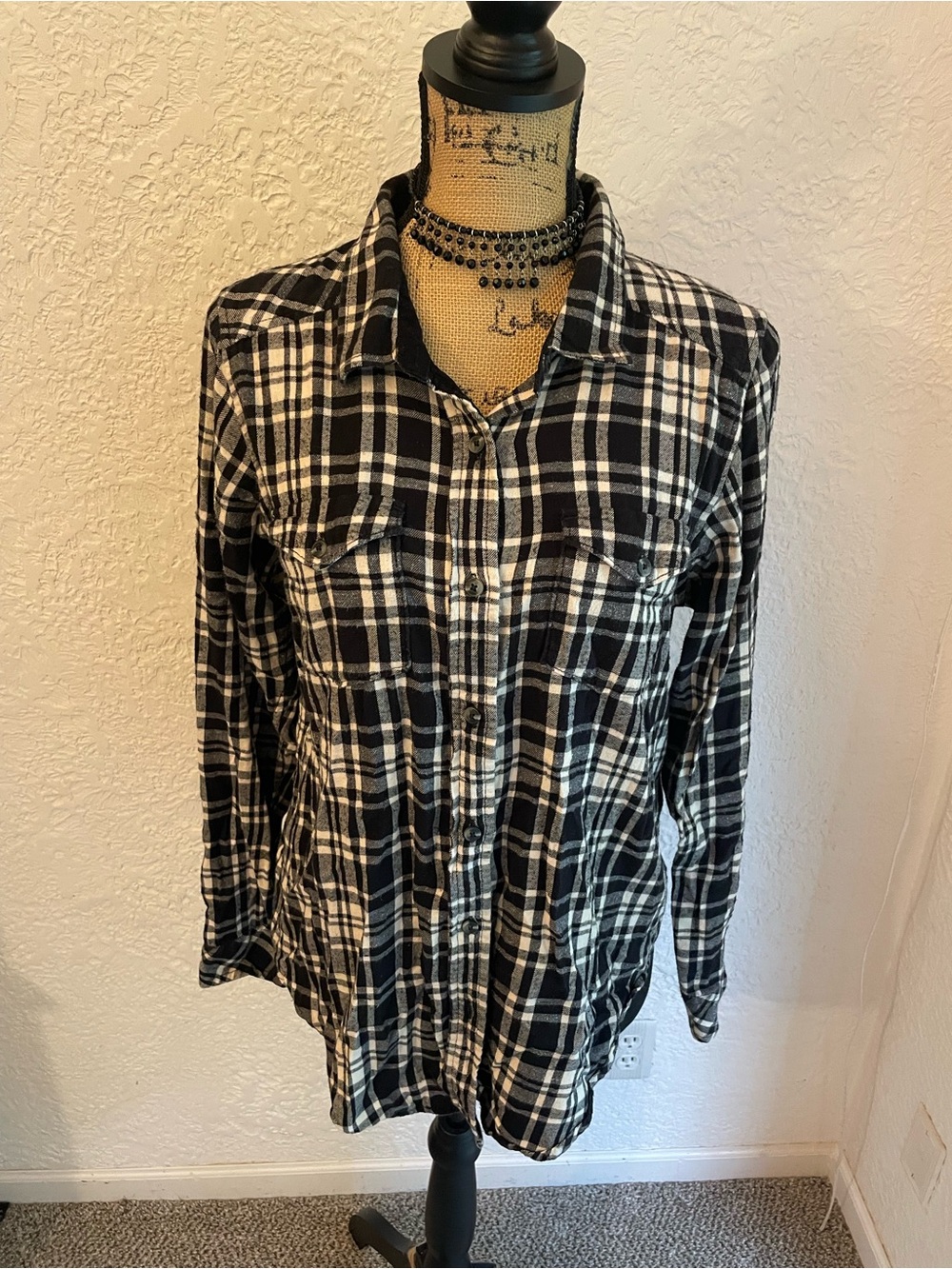 Kavu Black and White Plaid Button-Down Flannel Shirt